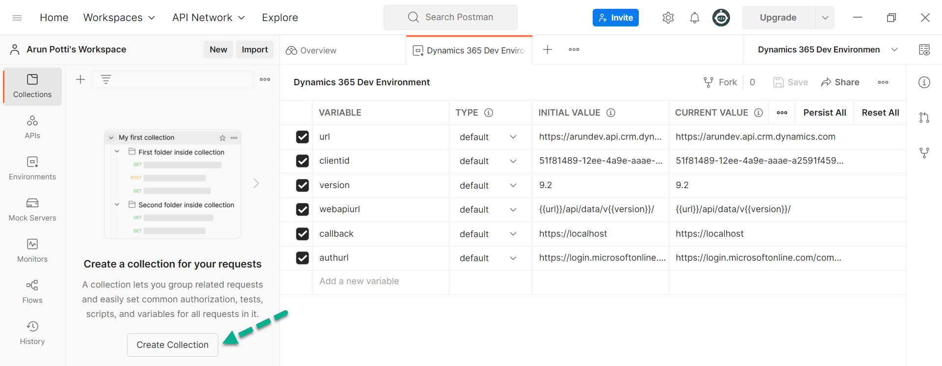 setup and connect to the Dataverse environment in Postman